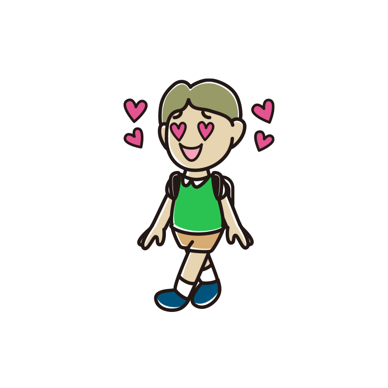 通学中に目がハートになる小学生男子のイラスト【色あり、背景なし】透過PNG