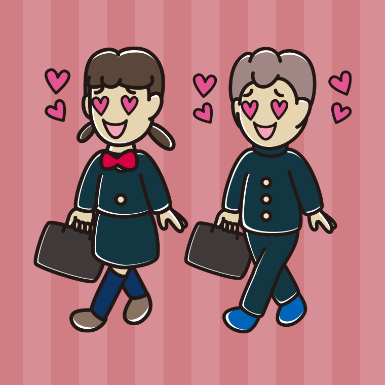 通学中に目がハートになる中学生のイラスト【色、背景あり】PNG