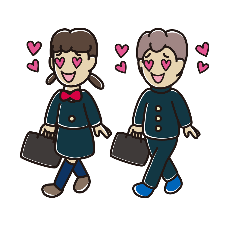 通学中に目がハートになる中学生のイラスト【色あり、背景なし】透過PNG