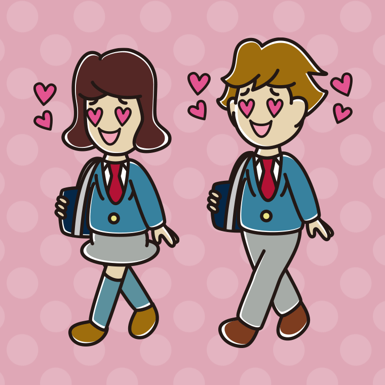 通学中に目がハートになる高校生のイラスト【色、背景あり】PNG