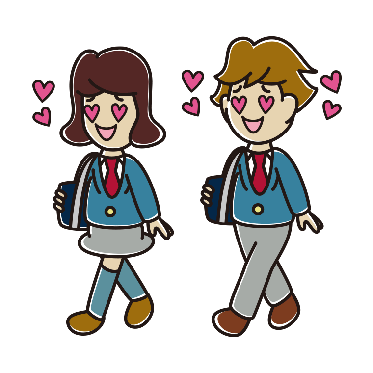 通学中に目がハートになる高校生のイラスト【色あり、背景なし】透過PNG