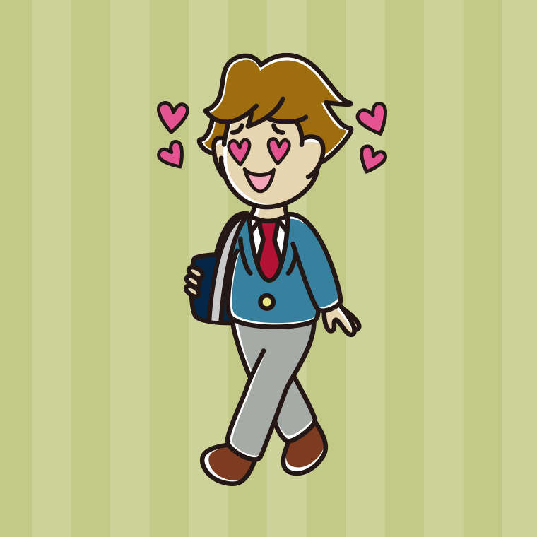 通学中に目がハートになる男子高校生のイラスト【色、背景あり】PNG
