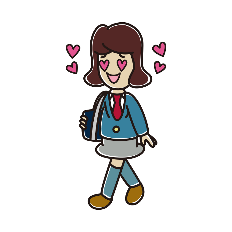 通学中に目がハートになる女子高校生のイラスト【色あり、背景なし】透過PNG
