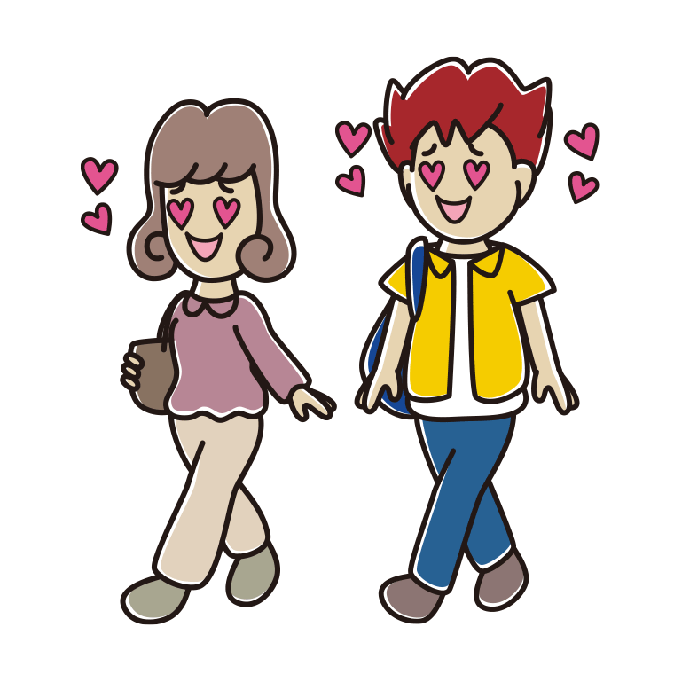 通学中に目がハートになる大学生のイラスト【色あり、背景なし】透過PNG