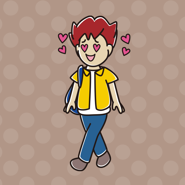 通学中に目がハートになる男子大学生のイラスト【色、背景あり】PNG