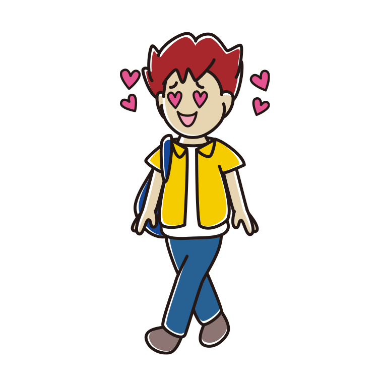 通学中に目がハートになる男子大学生のイラスト【色あり、背景なし】透過PNG