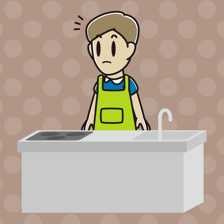 キッチンで何かに気付く男性のイラスト【色、背景あり】PNG