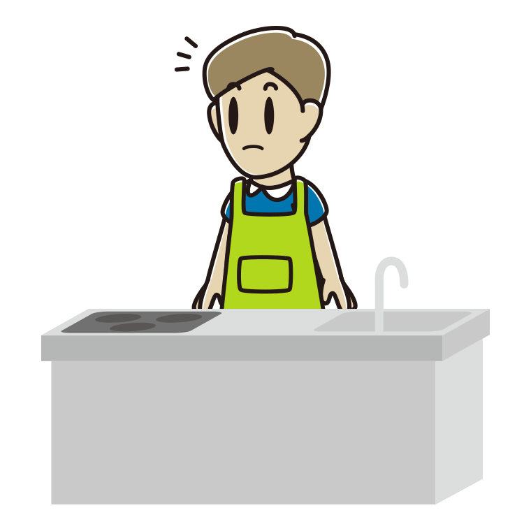 キッチンで何かに気付く男性のイラスト【色あり、背景なし】透過PNG