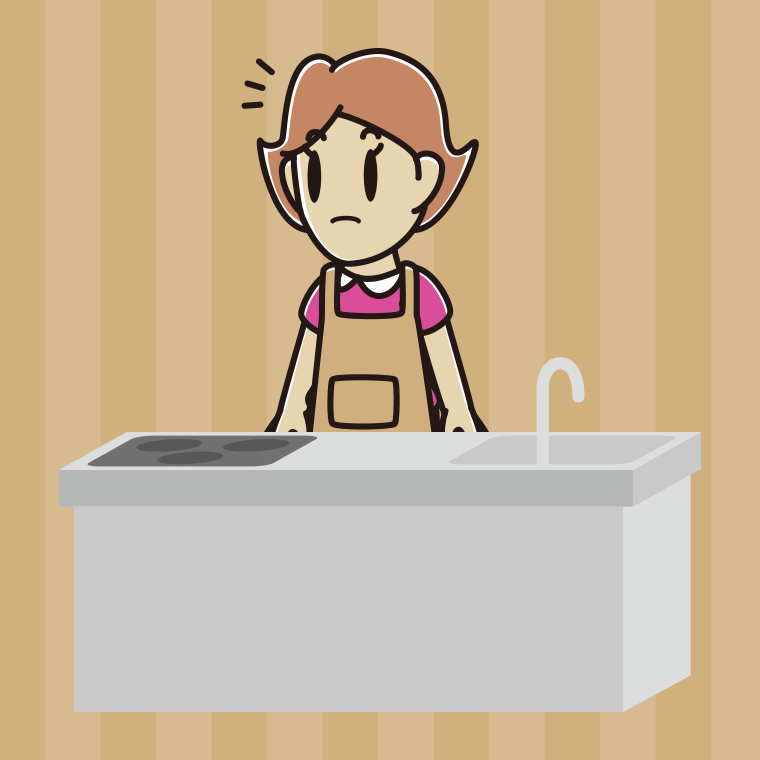 キッチンで何かに気付く女性のイラスト【色、背景あり】PNG