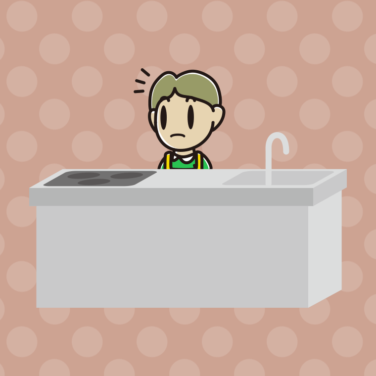 キッチンで何かに気付く小学生男子のイラスト【色、背景あり】PNG