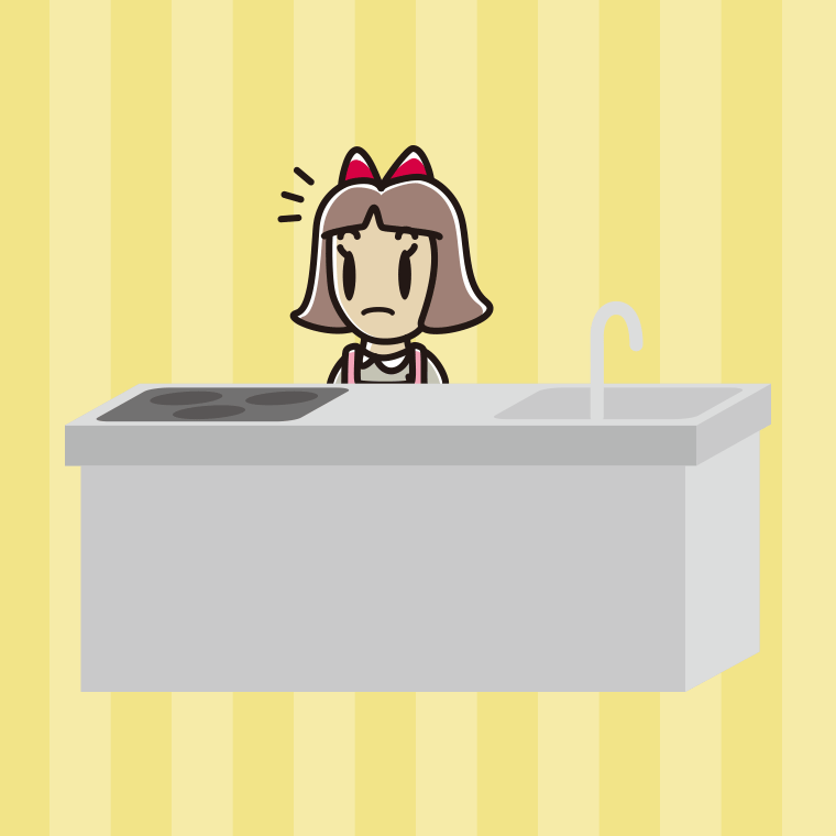 キッチンで何かに気付く小学生女子のイラスト【色、背景あり】PNG