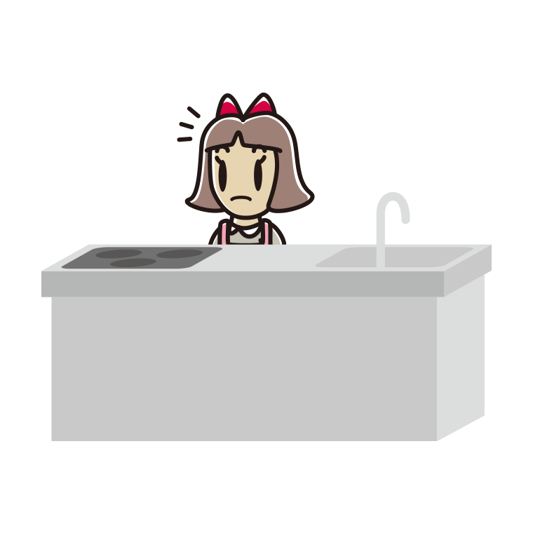キッチンで何かに気付く小学生女子のイラスト【色あり、背景なし】透過PNG