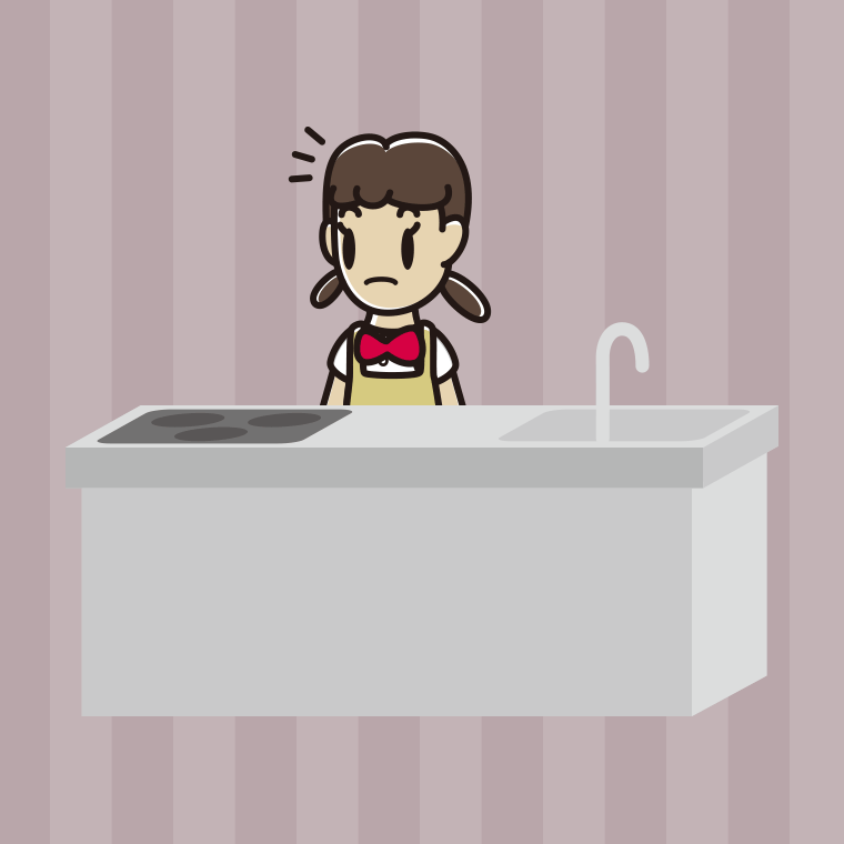 キッチンで何かに気付く女子中学生のイラスト【色、背景あり】PNG