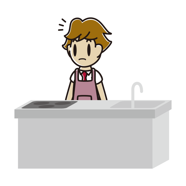 キッチンで何かに気付く男子高校生のイラスト【色あり、背景なし】透過PNG