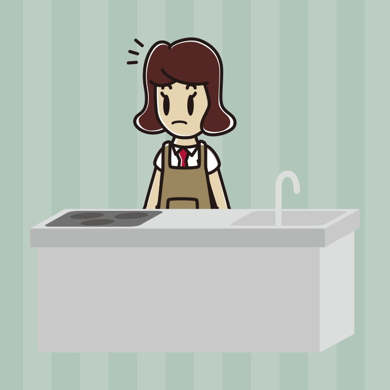 キッチンで何かに気付く女子高校生のイラスト【色、背景あり】PNG