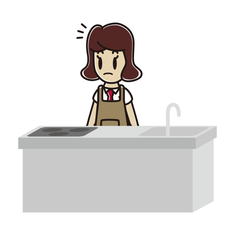 キッチンで何かに気付く女子高校生のイラスト【色あり、背景なし】透過PNG