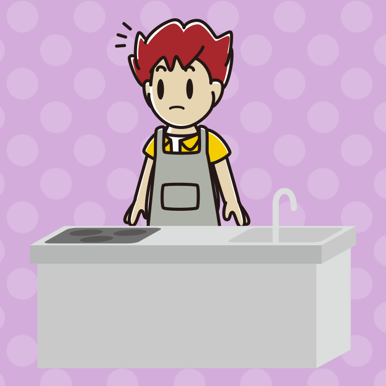 キッチンで何かに気付く男子大学生のイラスト【色、背景あり】PNG