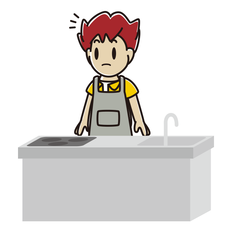 キッチンで何かに気付く男子大学生のイラスト【色あり、背景なし】透過PNG