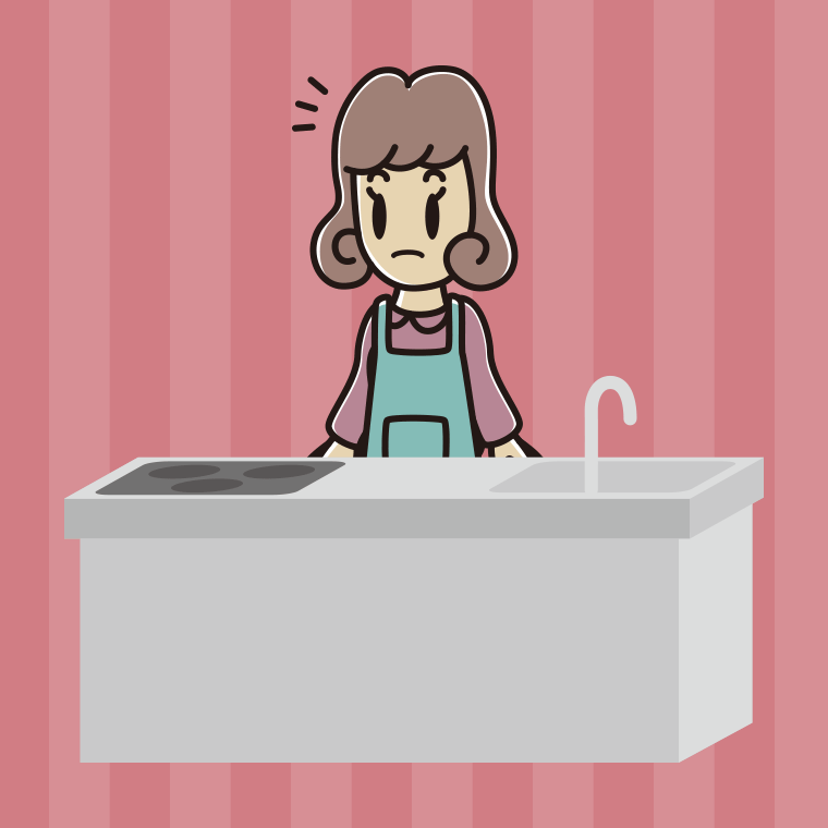 キッチンで何かに気付く女子大学生のイラスト【色、背景あり】PNG