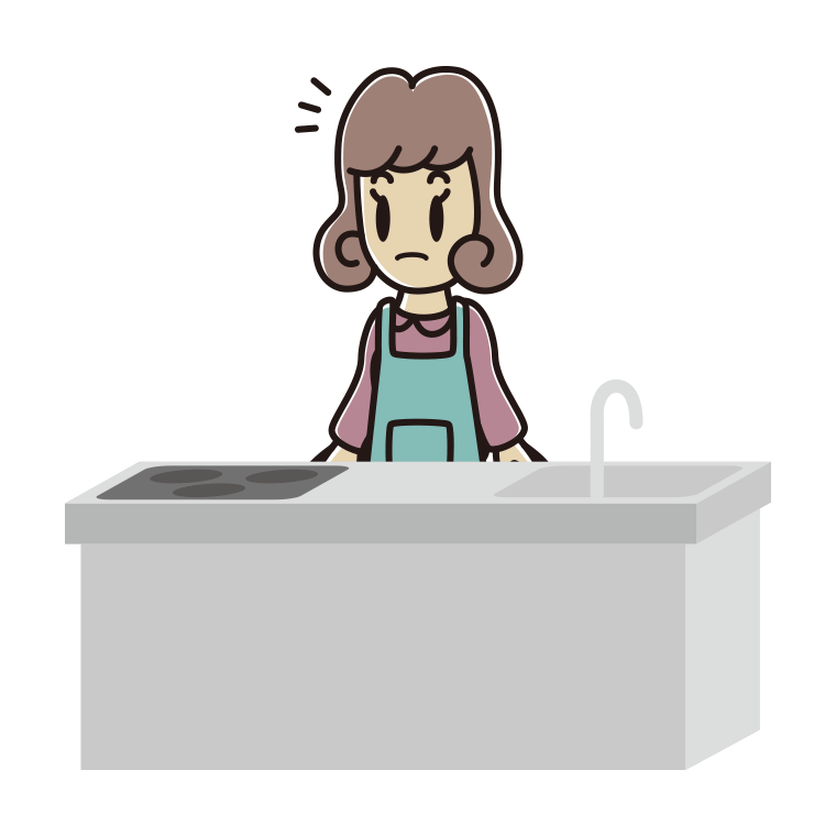 キッチンで何かに気付く女子大学生のイラスト【色あり、背景なし】透過PNG