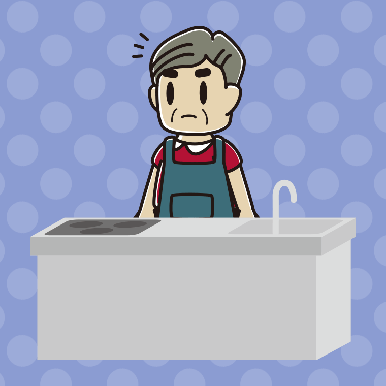 キッチンで何かに気付くおじさんのイラスト【色、背景あり】PNG