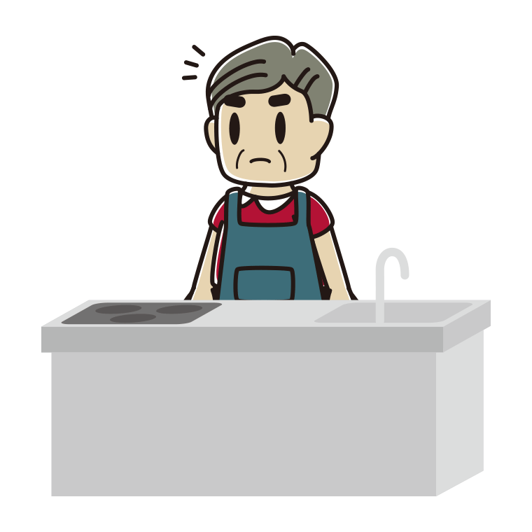 キッチンで何かに気付くおじさんのイラスト【色あり、背景なし】透過PNG
