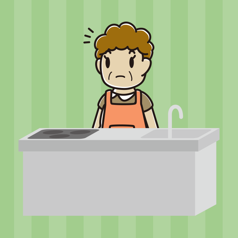 キッチンで何かに気付くおばさんのイラスト【色、背景あり】PNG
