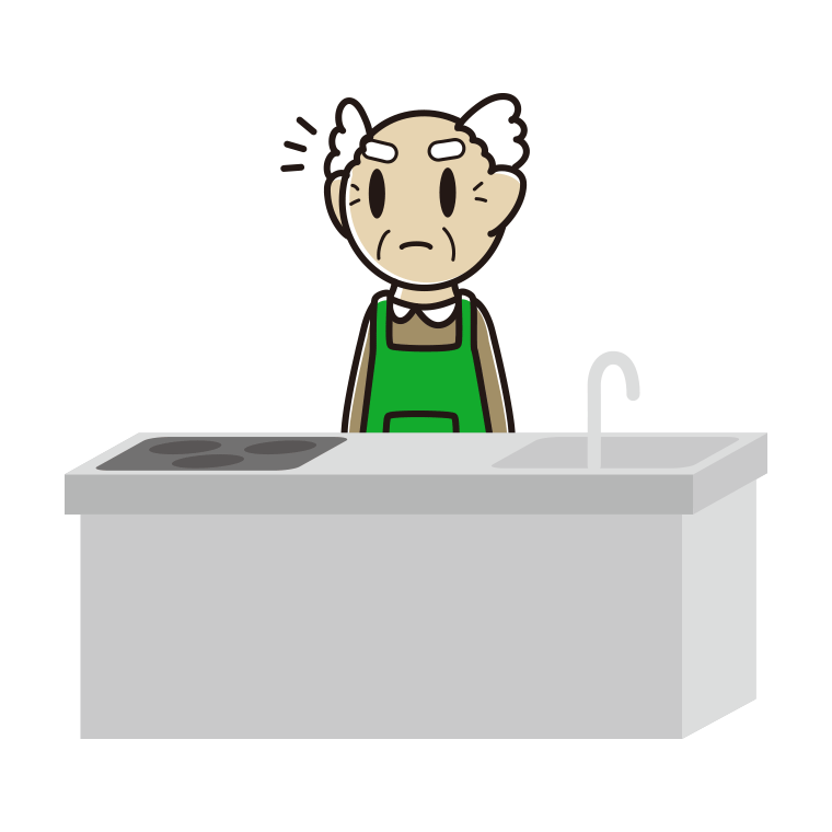 キッチンで何かに気付くおじいさんのイラスト【色あり、背景なし】透過PNG