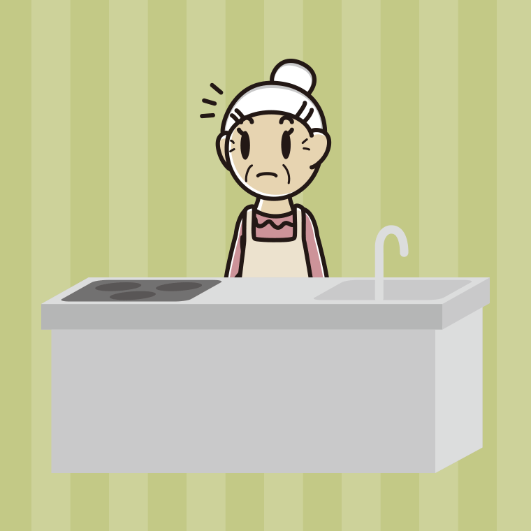 キッチンで何かに気付くおばあさんのイラスト【色、背景あり】PNG