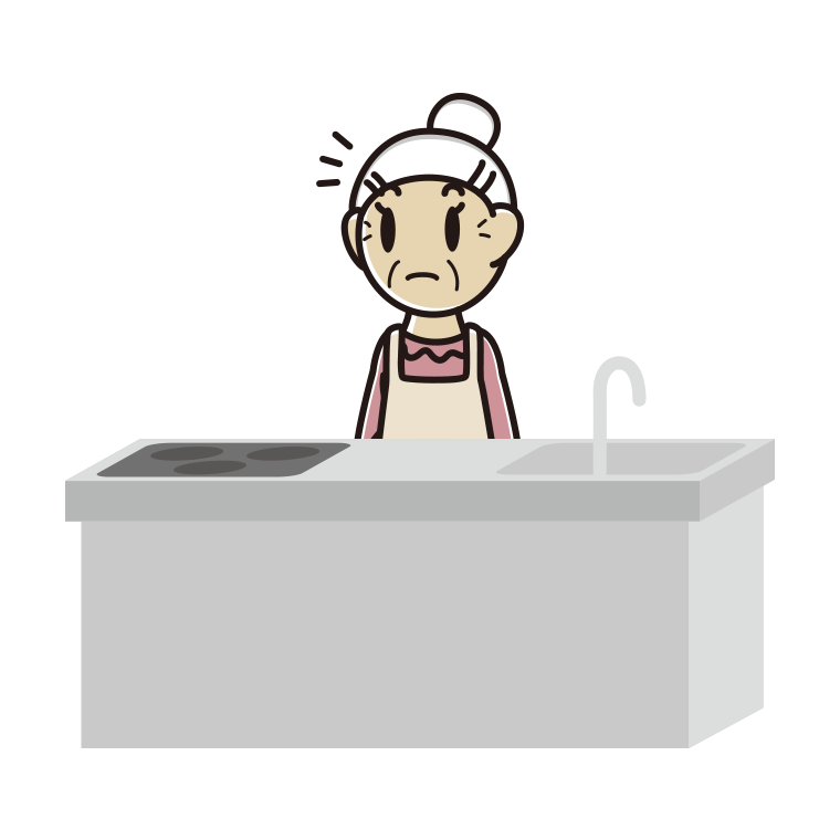 キッチンで何かに気付くおばあさんのイラスト【色あり、背景なし】透過PNG