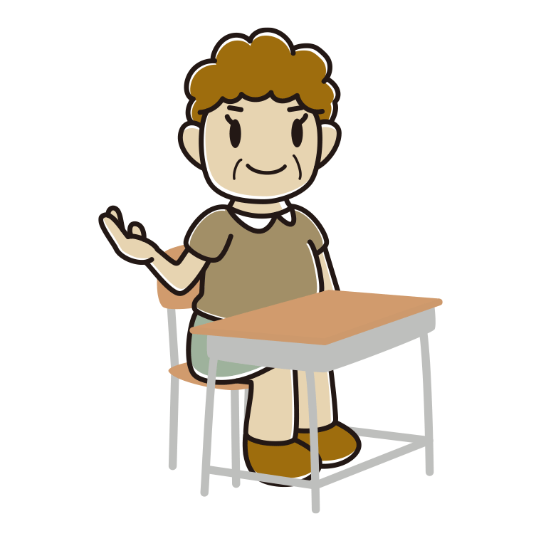 教室の席で案内するおばさんのイラスト【色あり、背景なし】透過PNG
