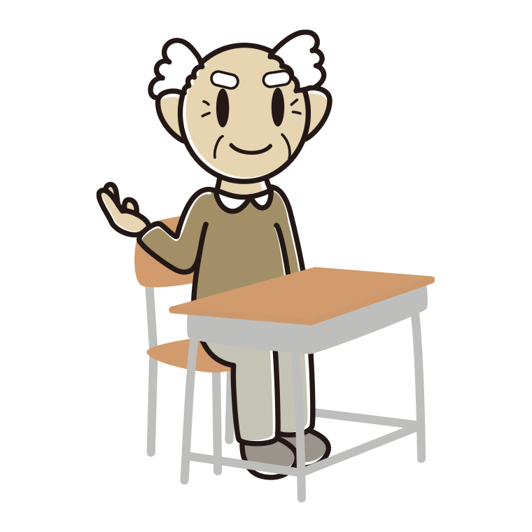 教室の席で案内するおじいさんのイラスト【色あり、背景なし】透過PNG