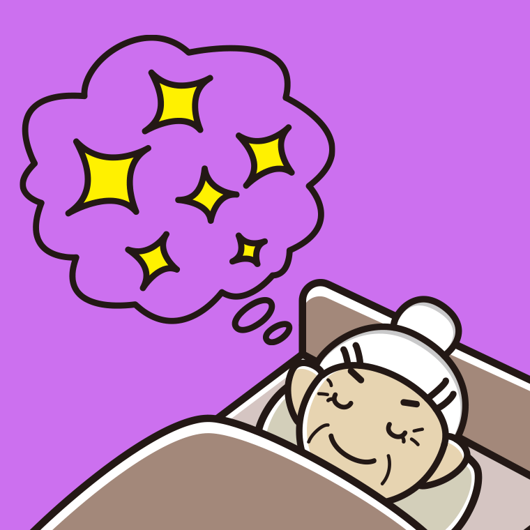 いい夢を見ているおばあさんのイラスト【色、背景あり】PNG