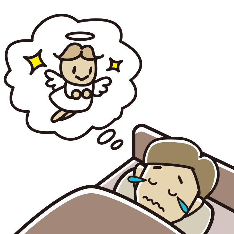 悲しい夢を見ている男性のイラスト【色あり、背景なし】透過PNG