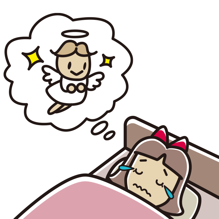 悲しい夢を見ている小学生女子のイラスト【色あり、背景なし】透過PNG