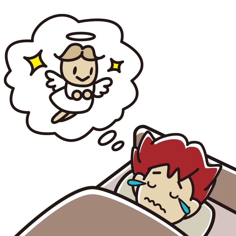 悲しい夢を見ている男子大学生のイラスト【色あり、背景なし】透過PNG