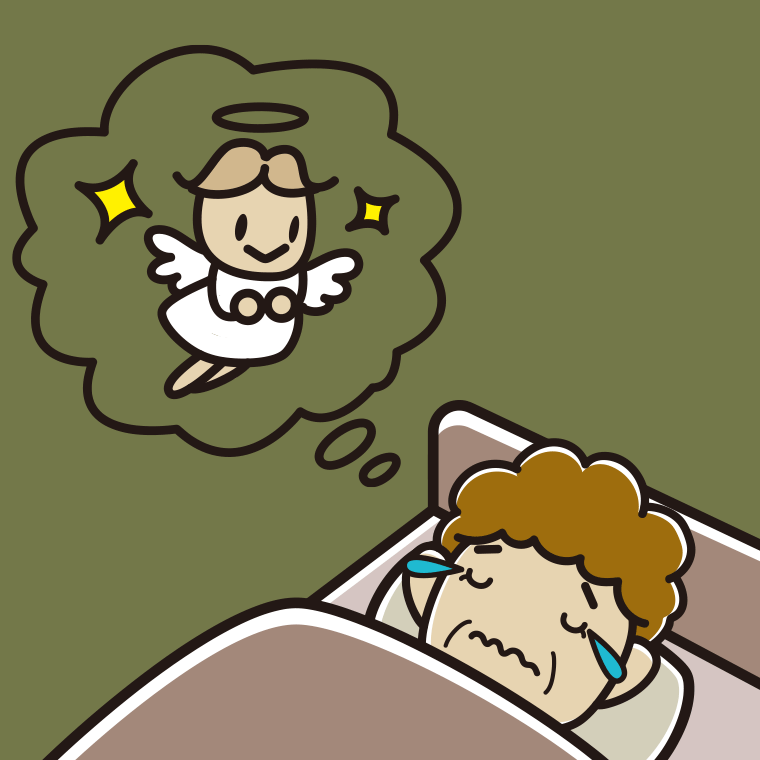 悲しい夢を見ているおばさんのイラスト【色、背景あり】PNG
