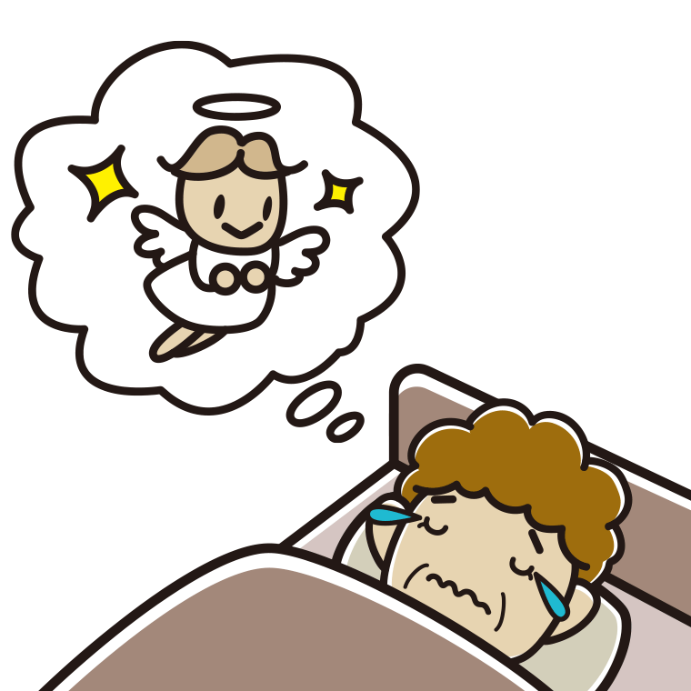 悲しい夢を見ているおばさんのイラスト【色あり、背景なし】透過PNG