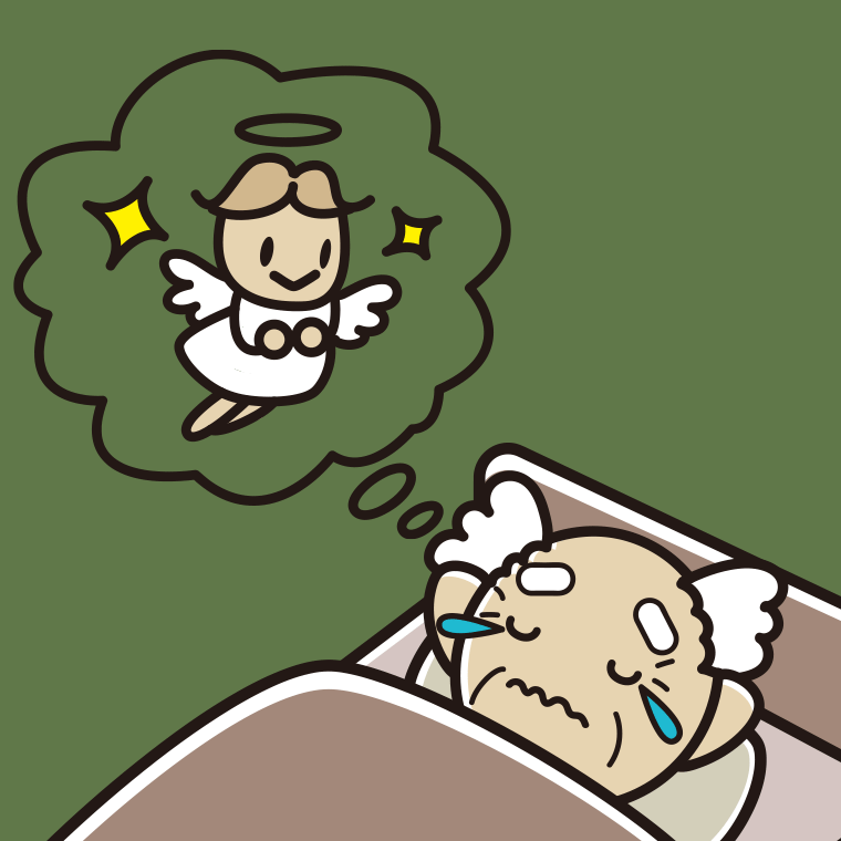 悲しい夢を見ているおじいさんのイラスト【色、背景あり】PNG