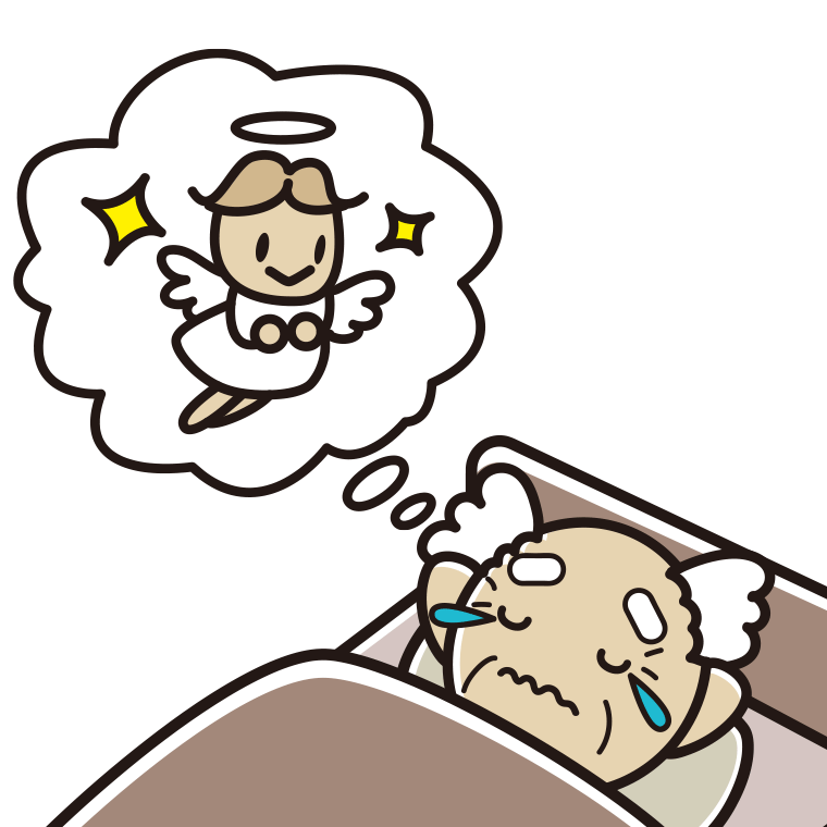 悲しい夢を見ているおじいさんのイラスト【色あり、背景なし】透過PNG