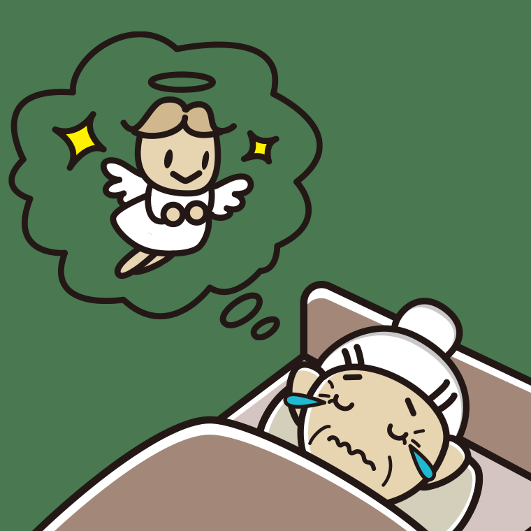 悲しい夢を見ているおばあさんのイラスト【色、背景あり】PNG