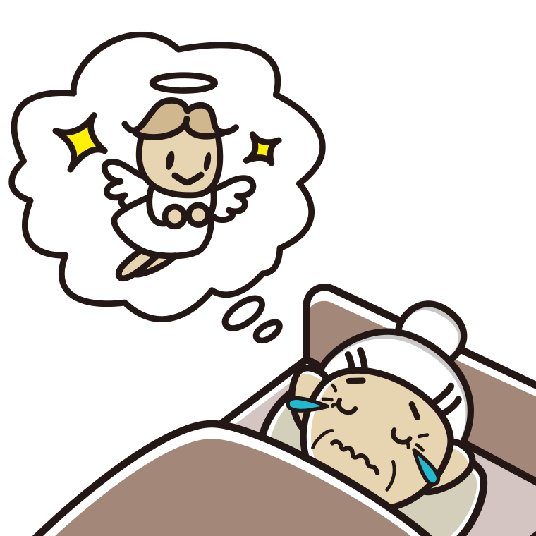 悲しい夢を見ているおばあさんのイラスト【色あり、背景なし】透過PNG