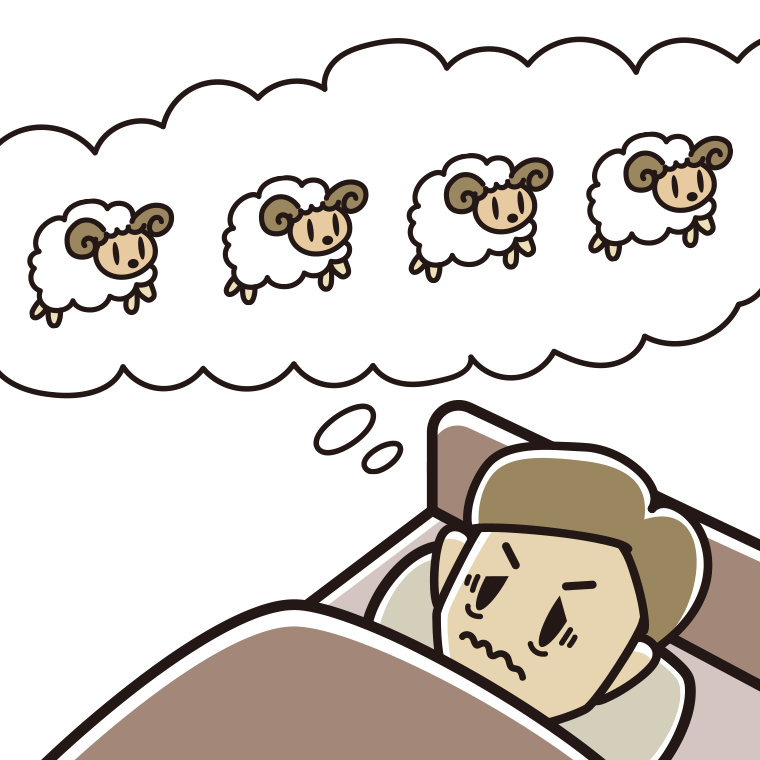 眠れなくて困っている男性のイラスト【色あり、背景なし】透過PNG