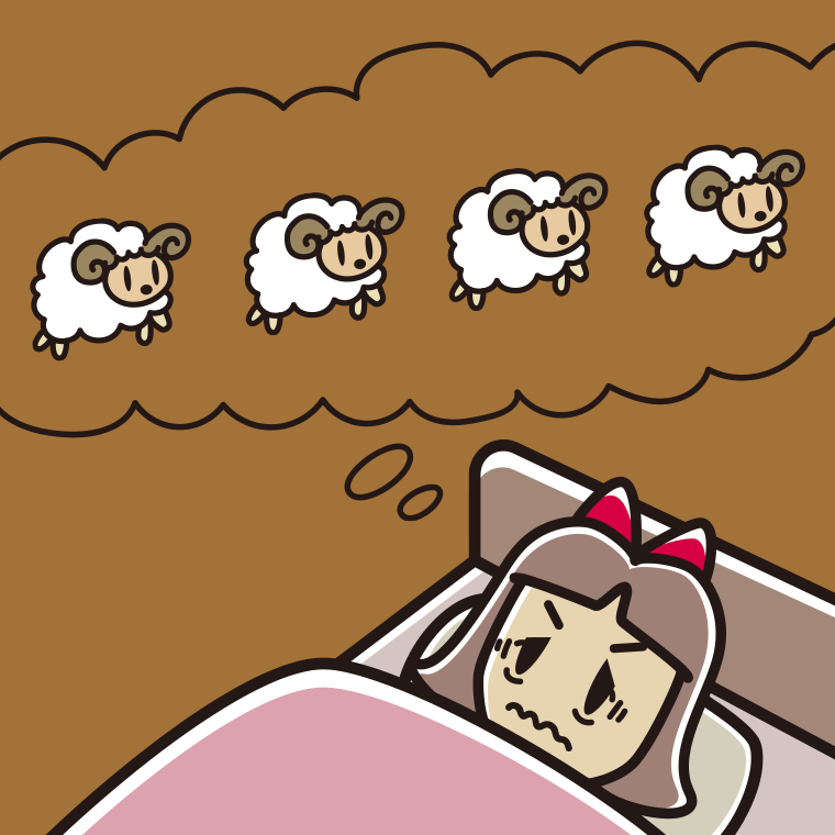 眠れなくて困っている小学生女子のイラスト【色、背景あり】PNG