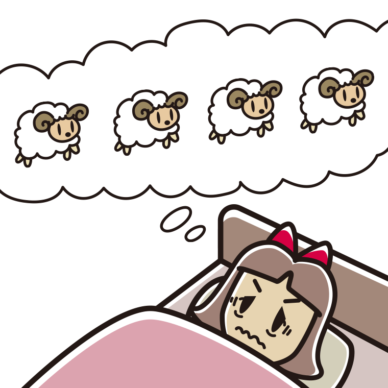 眠れなくて困っている小学生女子のイラスト【色あり、背景なし】透過PNG