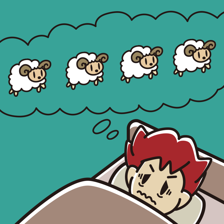 眠れなくて困っている男子大学生のイラスト【色、背景あり】PNG