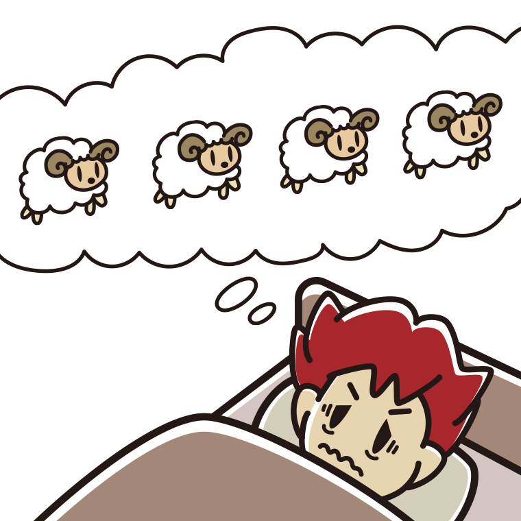 眠れなくて困っている男子大学生のイラスト【色あり、背景なし】透過PNG