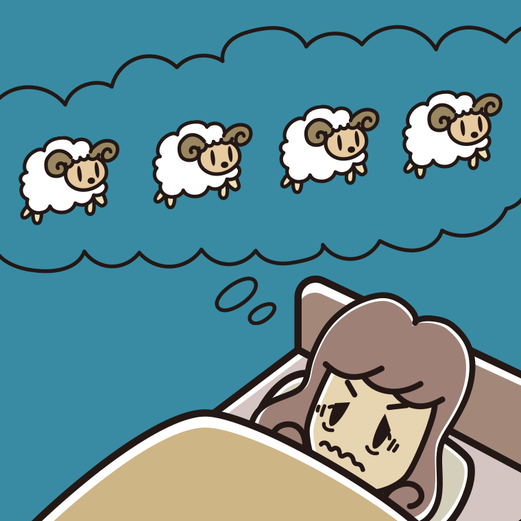 眠れなくて困っている女子大学生のイラスト【色、背景あり】PNG