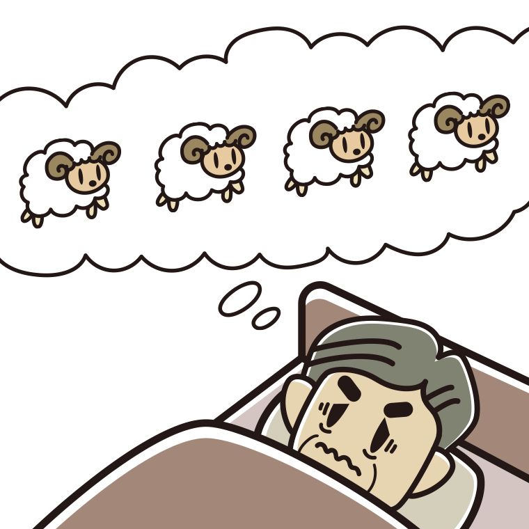 眠れなくて困っているおじさんのイラスト【色あり、背景なし】透過PNG