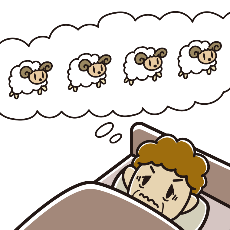 眠れなくて困っているおばさんのイラスト【色あり、背景なし】透過PNG